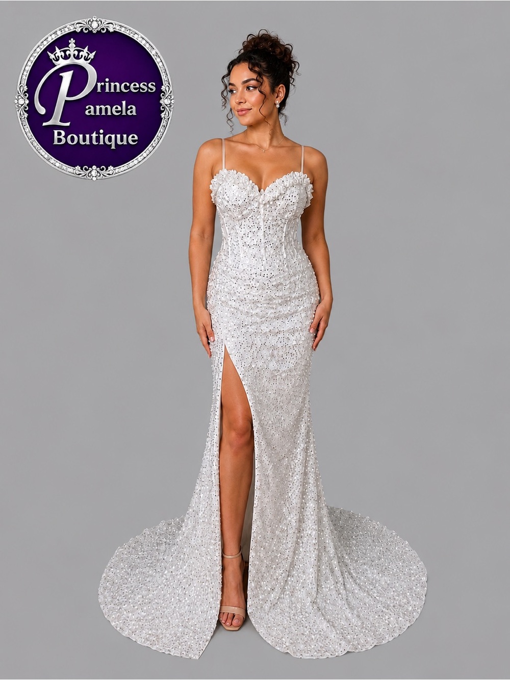#W 5 - 14 White & Silver Sequins Sweetheart Neckline long Dress.  Size 8/Medium